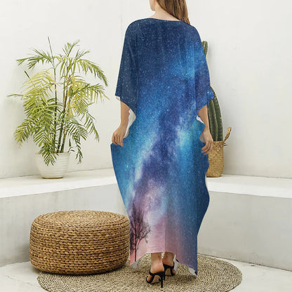 Night Sky Milky Way Print Silk V-Neck Kaftan Dress