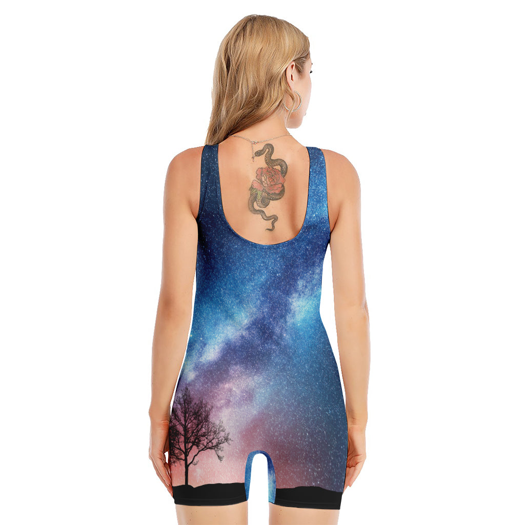 Night Sky Milky Way Print Sleeveless One Piece Swimsuit