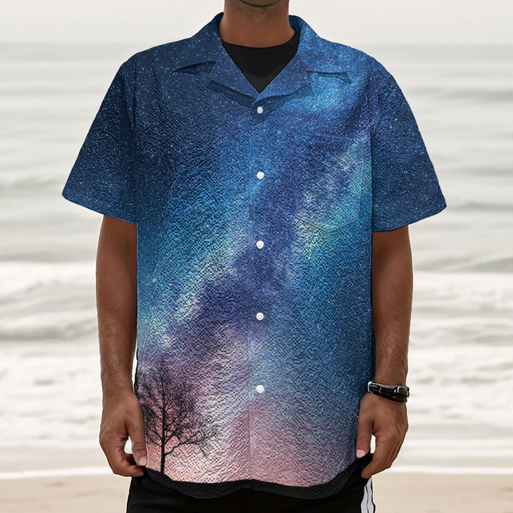 Night Sky Milky Way Print Textured Short Sleeve Shirt