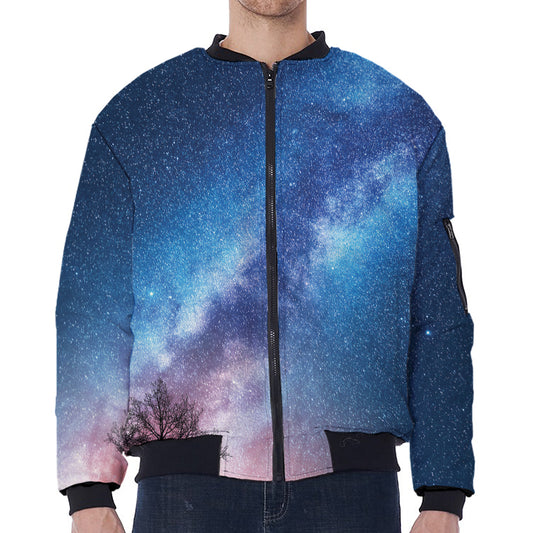 Night Sky Milky Way Print Zip Sleeve Bomber Jacket
