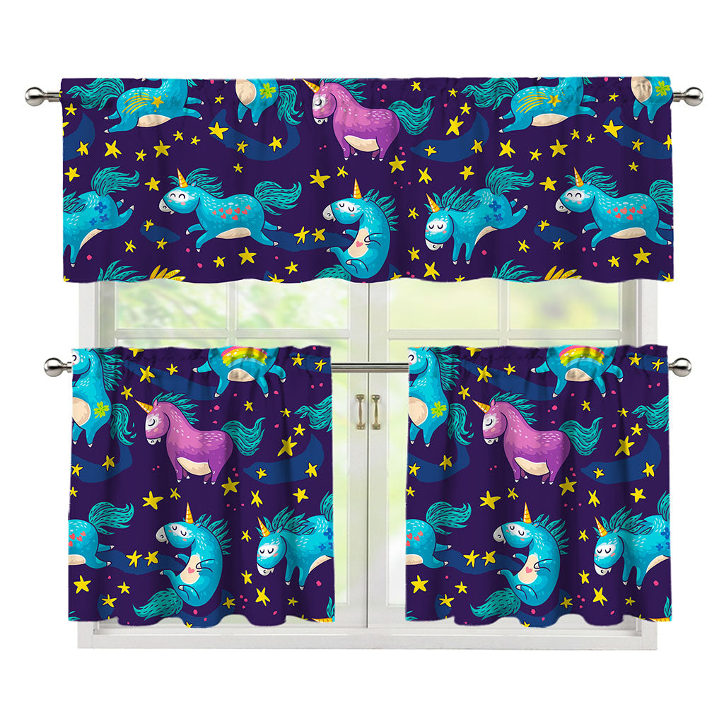 Night Star Unicorn Pattern Print 3 Piece Kitchen Curtains