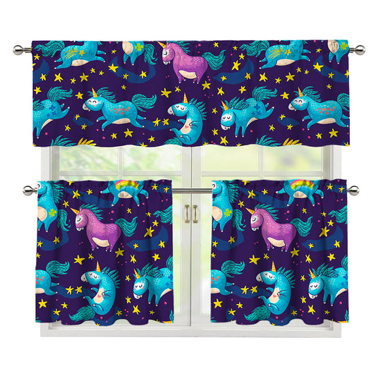 Night Star Unicorn Pattern Print 3 Piece Kitchen Curtains