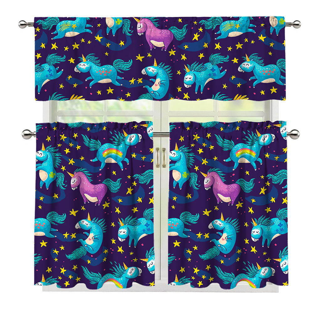 Night Star Unicorn Pattern Print 3 Piece Kitchen Curtains