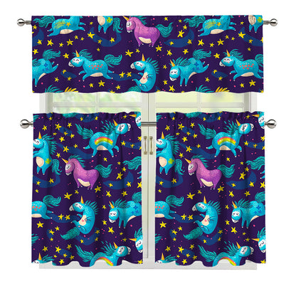 Night Star Unicorn Pattern Print 3 Piece Kitchen Curtains