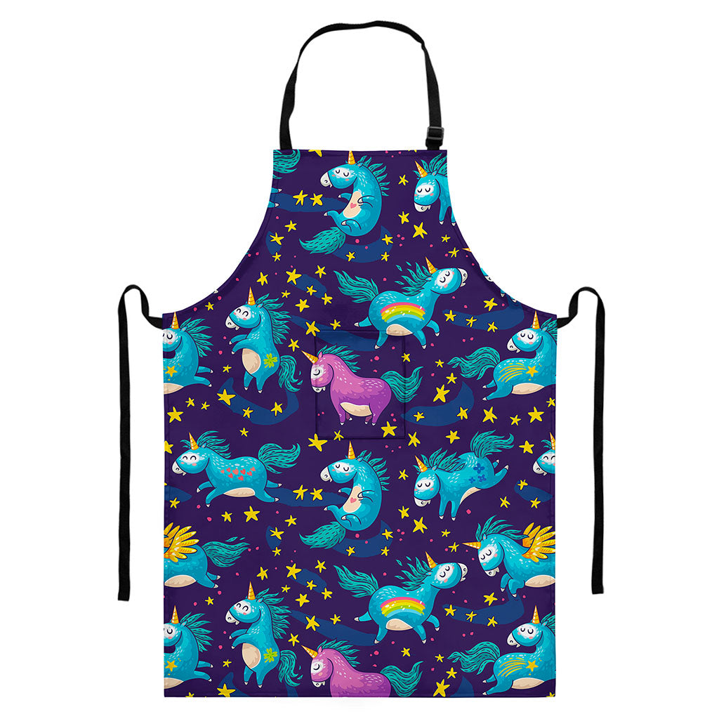 Night Star Unicorn Pattern Print Bib Apron With Pocket