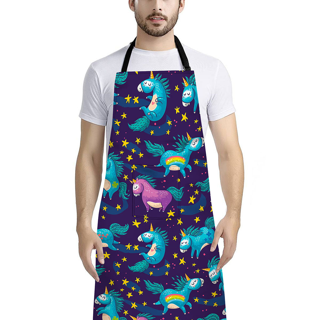 Night Star Unicorn Pattern Print Bib Apron With Pocket