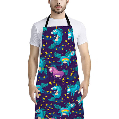 Night Star Unicorn Pattern Print Bib Apron With Pocket