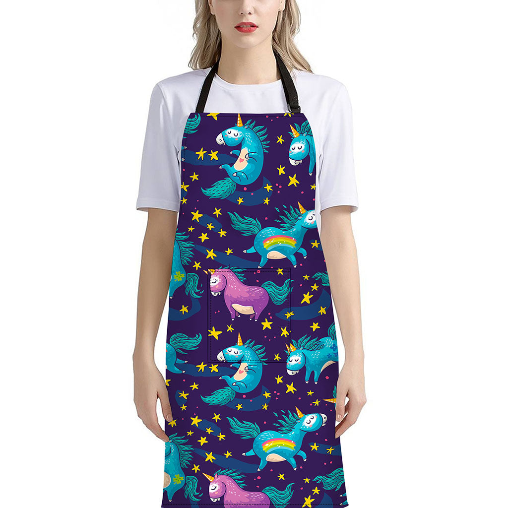 Night Star Unicorn Pattern Print Bib Apron With Pocket