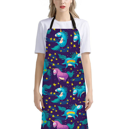Night Star Unicorn Pattern Print Bib Apron With Pocket