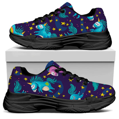 Night Star Unicorn Pattern Print Black Chunky Shoes