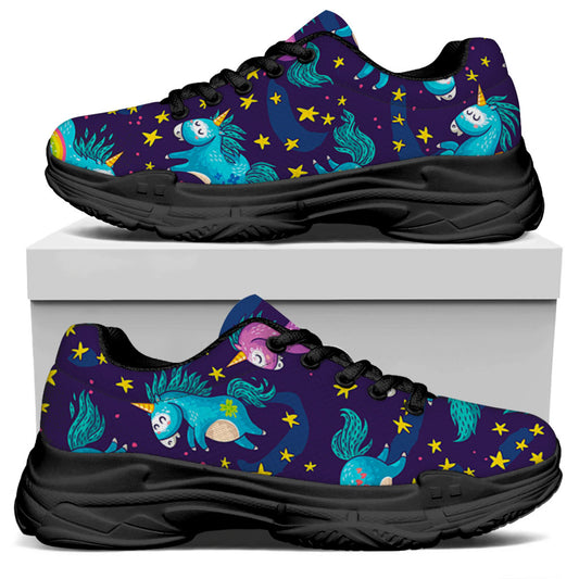 Night Star Unicorn Pattern Print Black Chunky Shoes