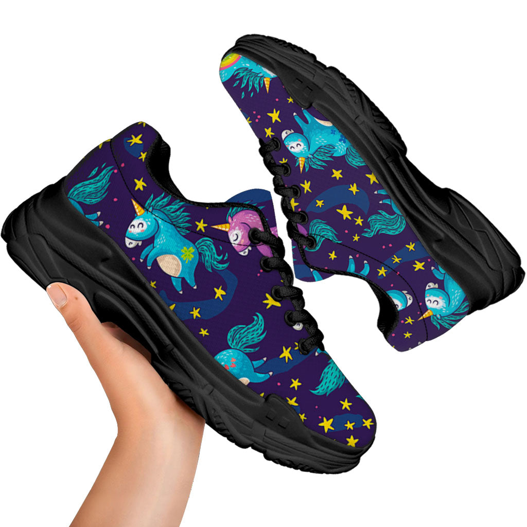 Night Star Unicorn Pattern Print Black Chunky Shoes