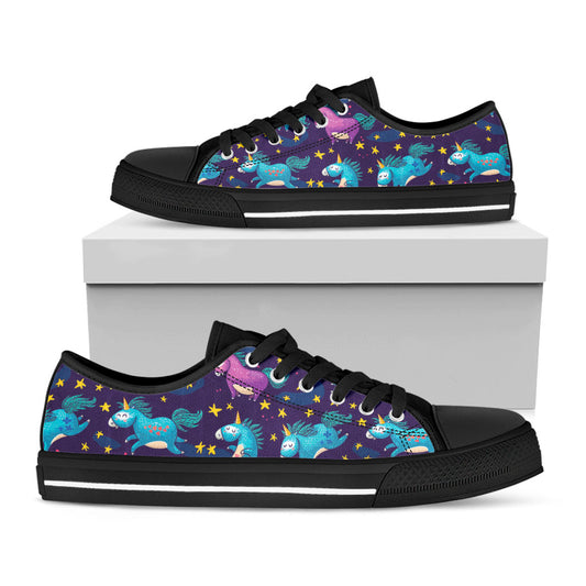 Night Star Unicorn Pattern Print Black Low Top Sneakers