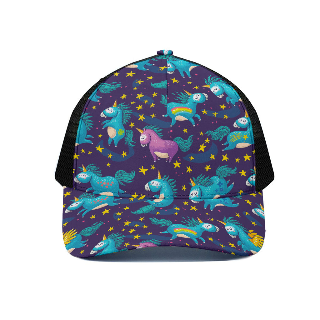 Night Star Unicorn Pattern Print Black Mesh Trucker Cap
