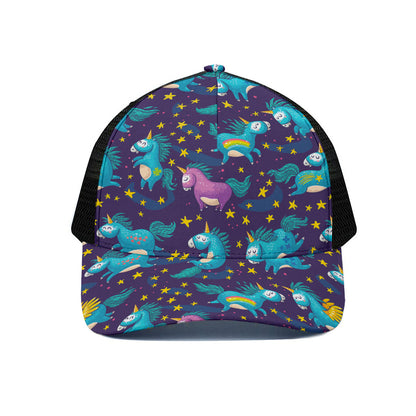 Night Star Unicorn Pattern Print Black Mesh Trucker Cap