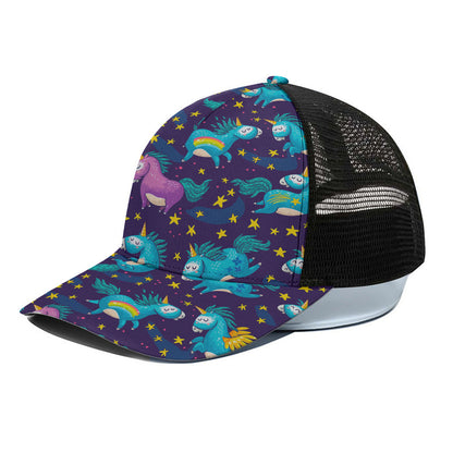 Night Star Unicorn Pattern Print Black Mesh Trucker Cap