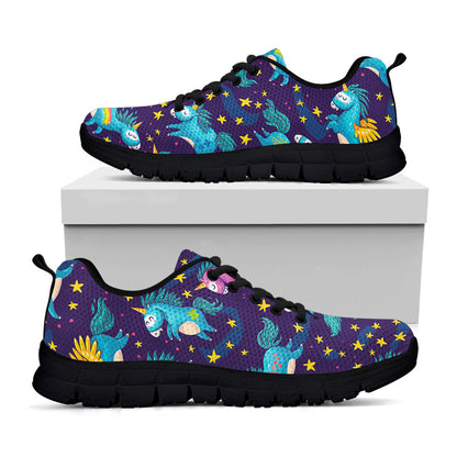 Night Star Unicorn Pattern Print Black Running Shoes