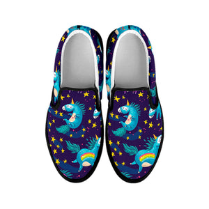 Night Star Unicorn Pattern Print Black Slip On Sneakers