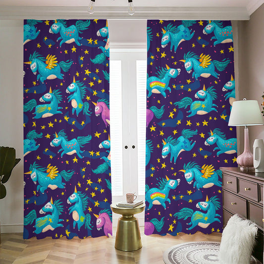 Night Star Unicorn Pattern Print Blackout Pencil Pleat Curtains