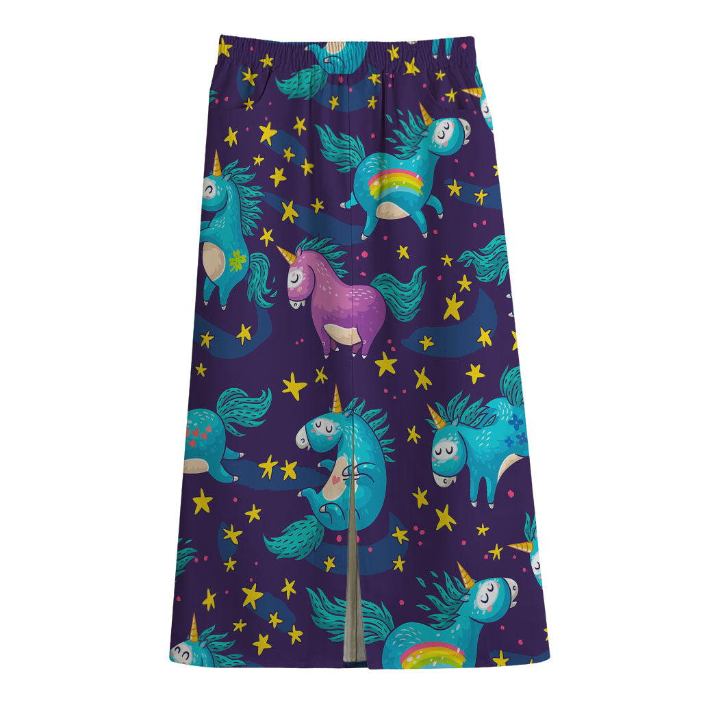 Night Star Unicorn Pattern Print Cotton Front Slit Maxi Skirt