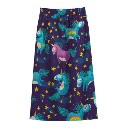 Night Star Unicorn Pattern Print Cotton Front Slit Maxi Skirt