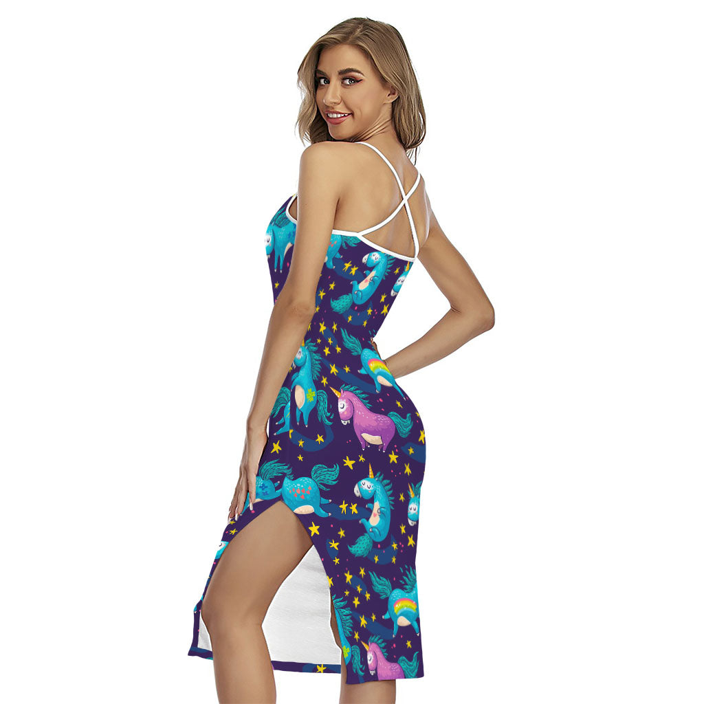 Night Star Unicorn Pattern Print Cross Back Cami Dress