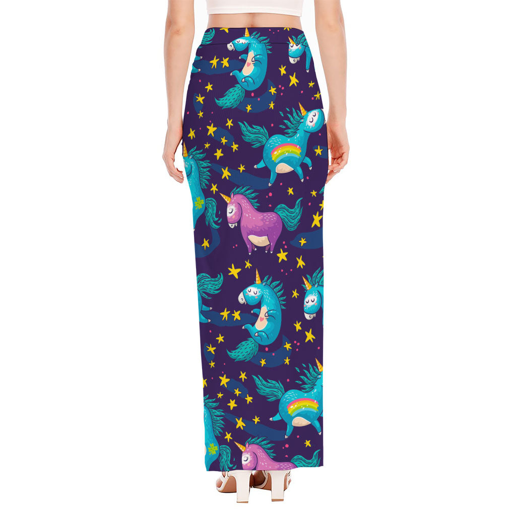 Night Star Unicorn Pattern Print High Slit Maxi Skirt