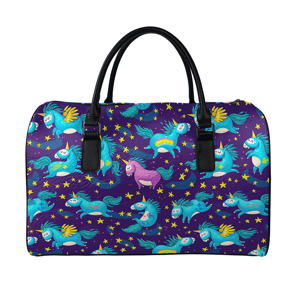Night Star Unicorn Pattern Print Leather Duffle Bag