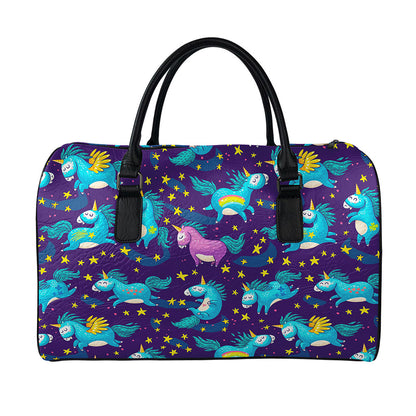 Night Star Unicorn Pattern Print Leather Duffle Bag