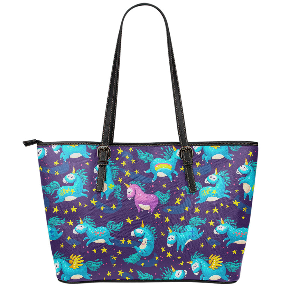 Night Star Unicorn Pattern Print Leather Tote Bag