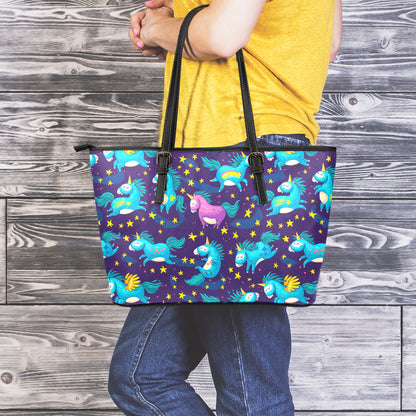Night Star Unicorn Pattern Print Leather Tote Bag