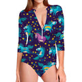 Night Star Unicorn Pattern Print Long Sleeve Swimsuit
