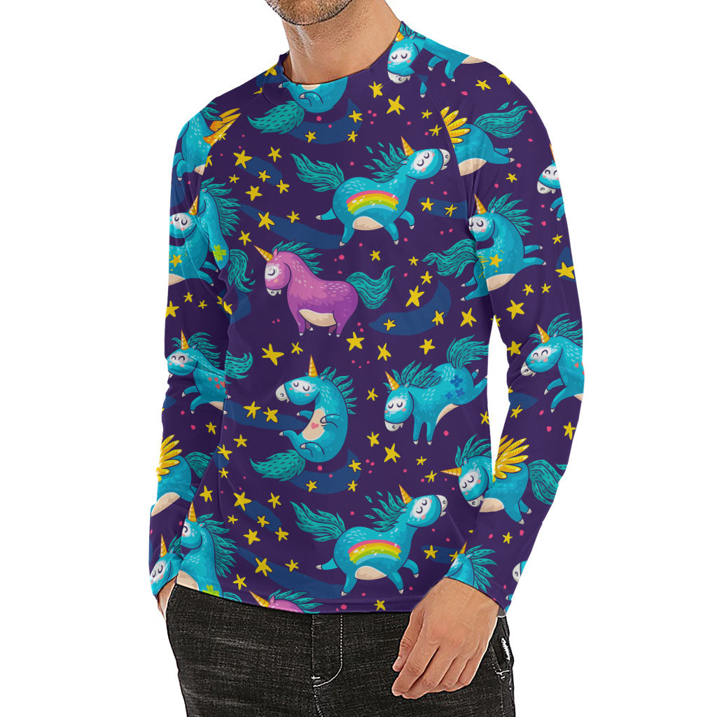 Night Star Unicorn Pattern Print Men's Long Sleeve Rash Guard