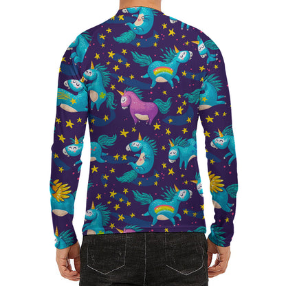 Night Star Unicorn Pattern Print Men's Long Sleeve Rash Guard