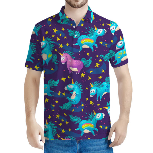Night Star Unicorn Pattern Print Men's Polo Shirt