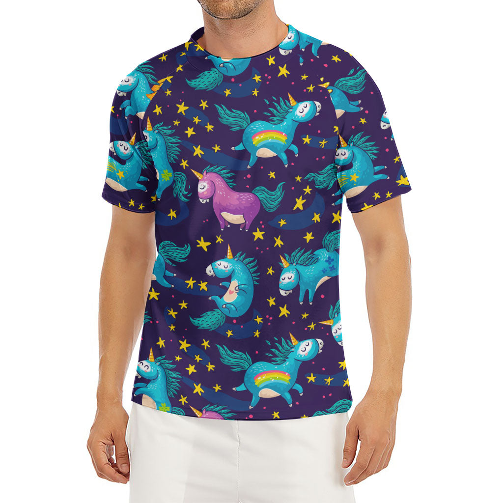 Night Star Unicorn Pattern Print Men's Short Sleeve Rash Guard