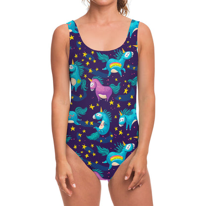 Night Star Unicorn Pattern Print One Piece Swimsuit