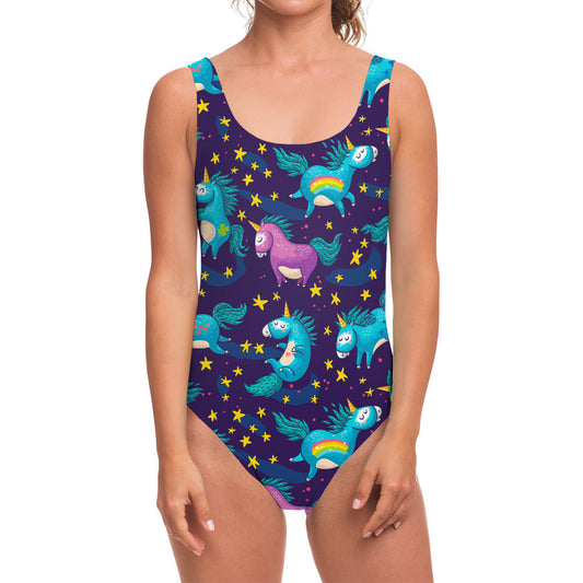 Night Star Unicorn Pattern Print One Piece Swimsuit
