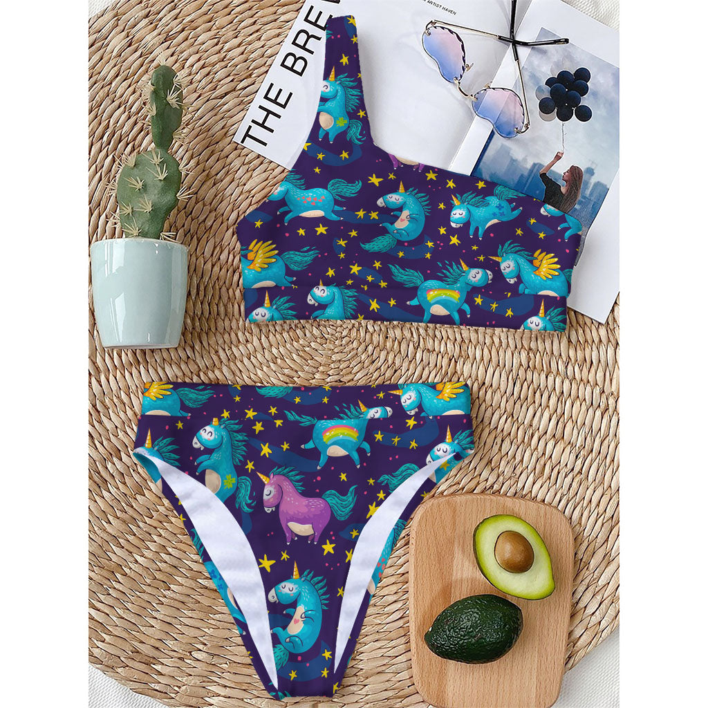 Night Star Unicorn Pattern Print One Shoulder Bikini Top