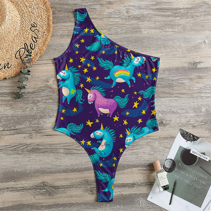 Night Star Unicorn Pattern Print One Shoulder Bodysuit