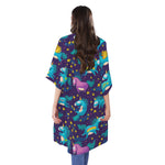 Night Star Unicorn Pattern Print Open Front Beach Cover Up