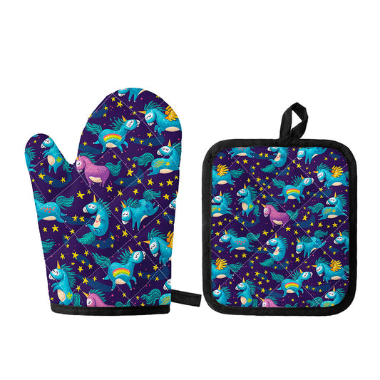 Night Star Unicorn Pattern Print Oven Mitt And Pot Holder Set