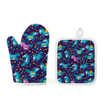 Night Star Unicorn Pattern Print Oven Mitt And Pot Holder Set