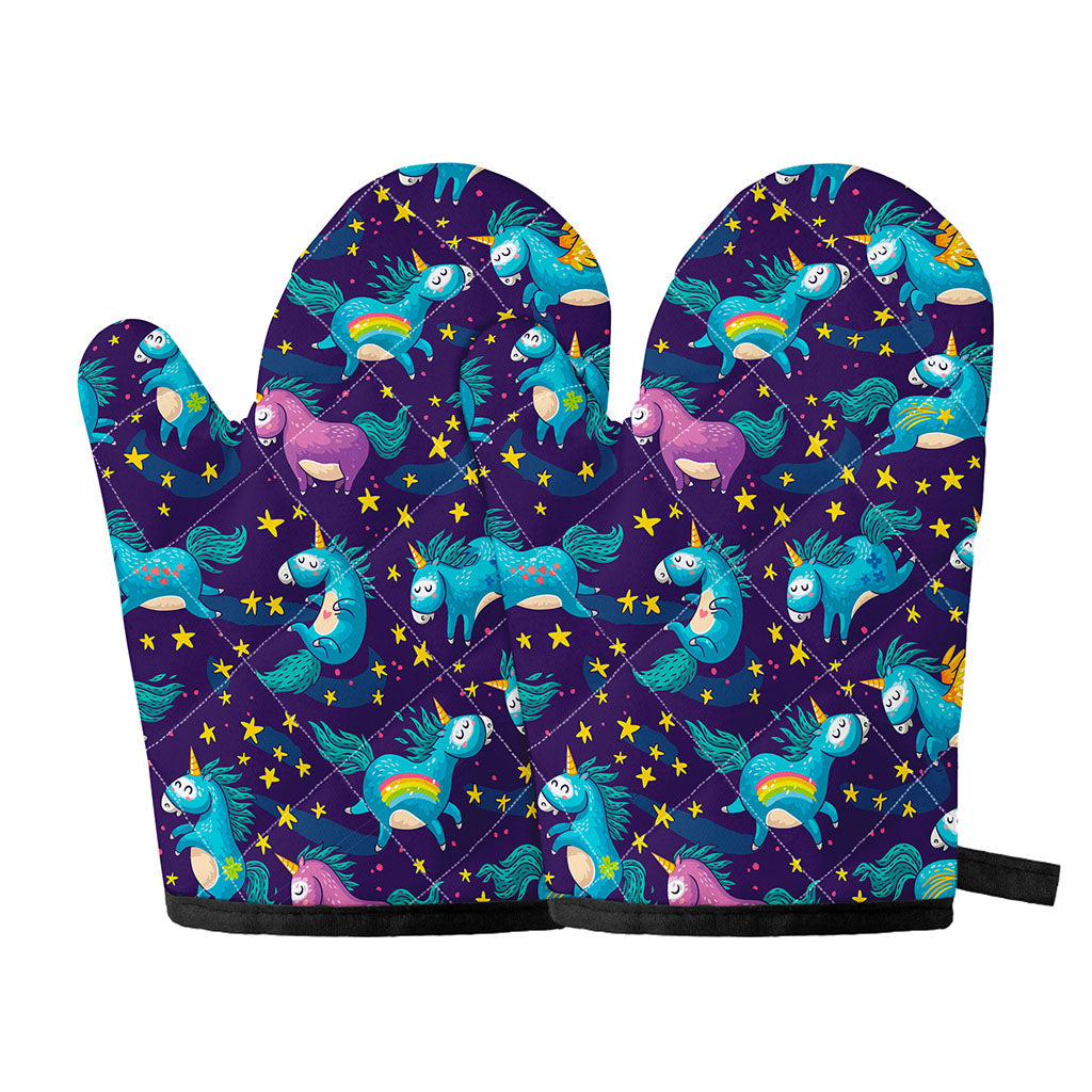Night Star Unicorn Pattern Print Oven Mitts