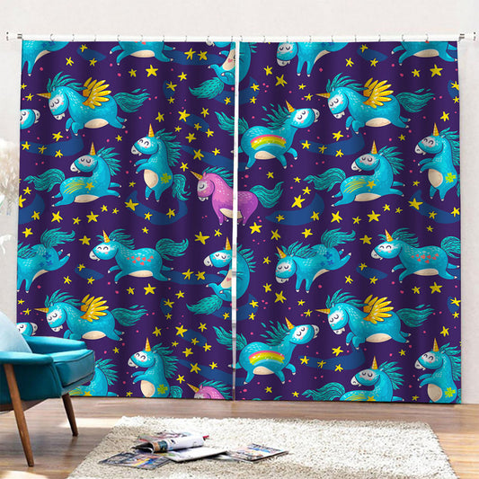 Night Star Unicorn Pattern Print Pencil Pleat Curtains