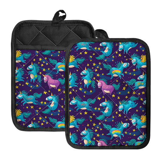 Night Star Unicorn Pattern Print Pot Holders With Pocket