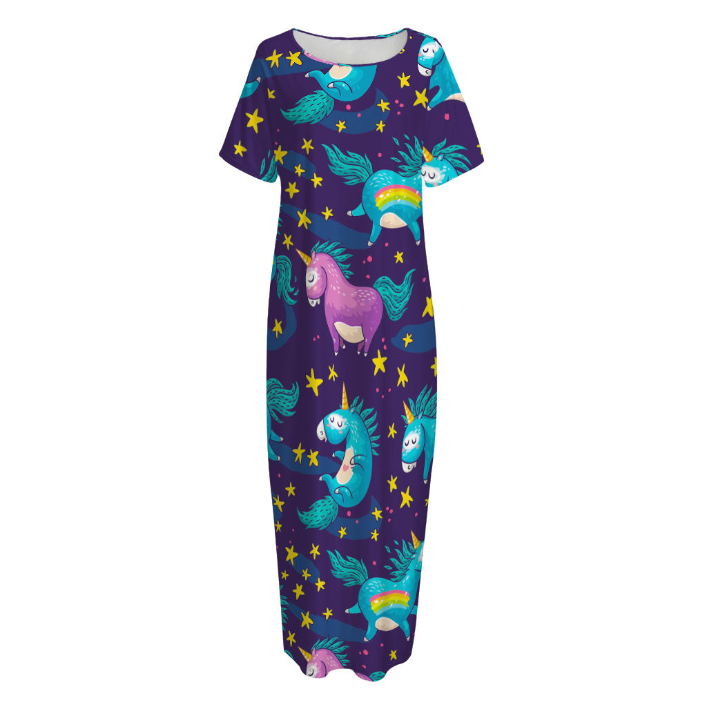 Night Star Unicorn Pattern Print Short Sleeve Long Nightdress