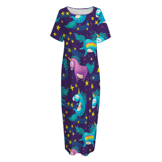 Night Star Unicorn Pattern Print Short Sleeve Long Nightdress