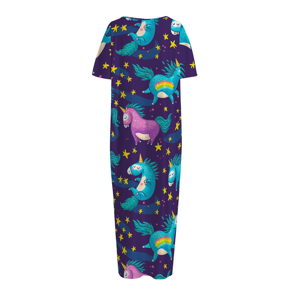 Night Star Unicorn Pattern Print Short Sleeve Long Nightdress