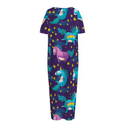 Night Star Unicorn Pattern Print Short Sleeve Long Nightdress